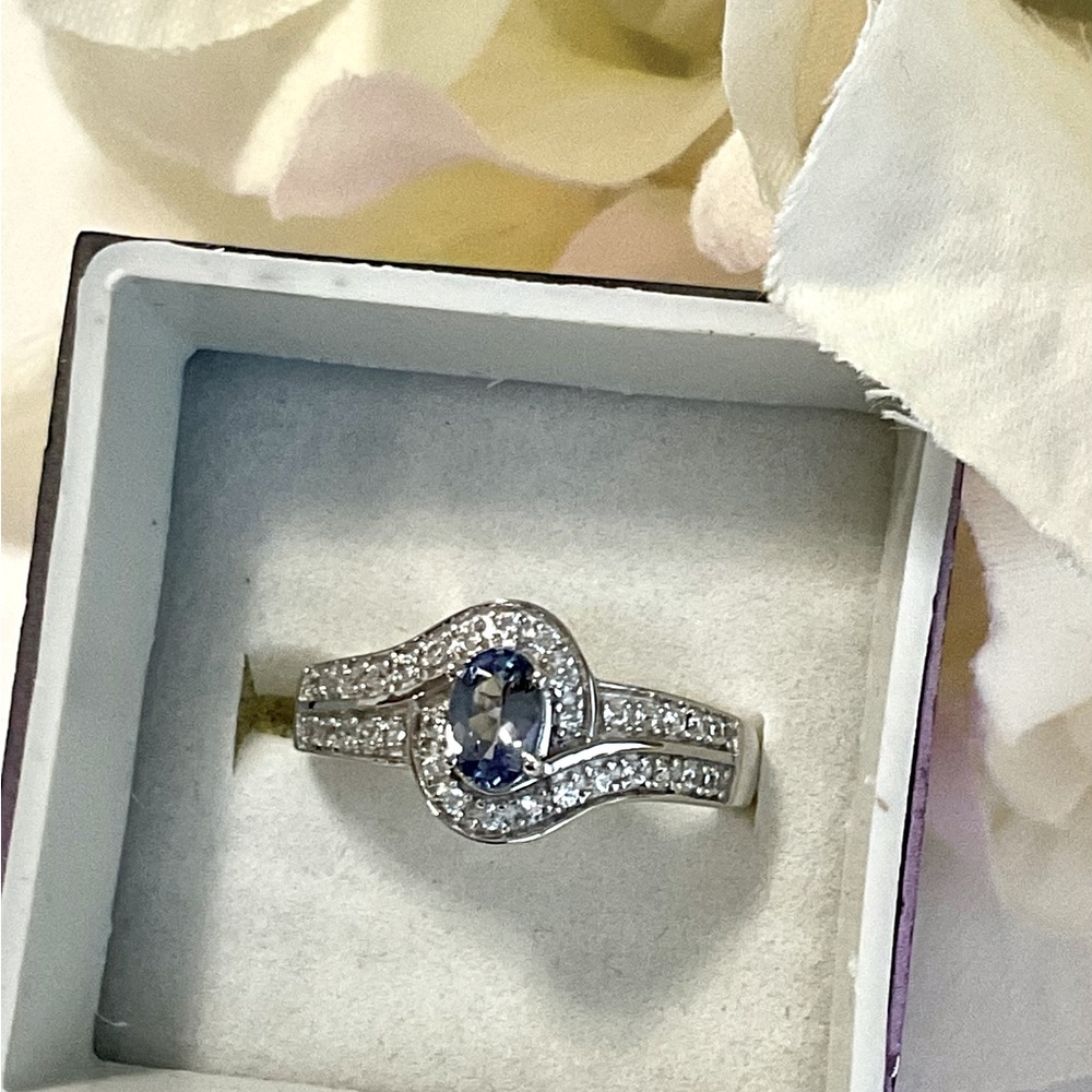 Premium Peacock Tanzanite and white zircon..platinum over silver Size 7